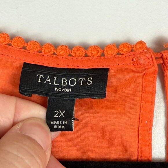Talbots Top Womens 2X Orange Floral Eyelet 3/4 Sleeve Blouse Mature Cottage Work - Picture 5 of 9
